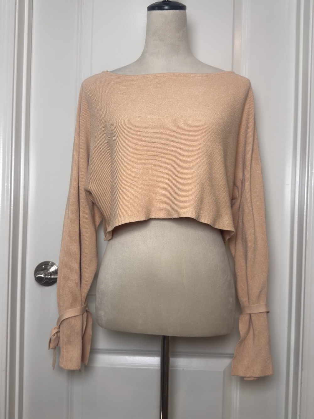 Zara Peach Off-the-Shoulder Cropped Knit Sweater with Tie Cuffs